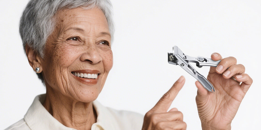 Smiling woman holding stainless steel nail clippers, showcasing manicure grooming tool