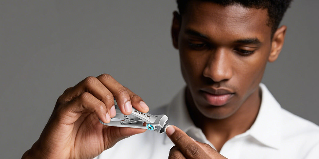 Man using precision nail clippers for grooming, close-up on hands and tool