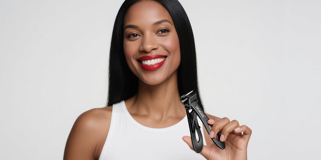 Smiling woman holding precision black nail clippers on white background