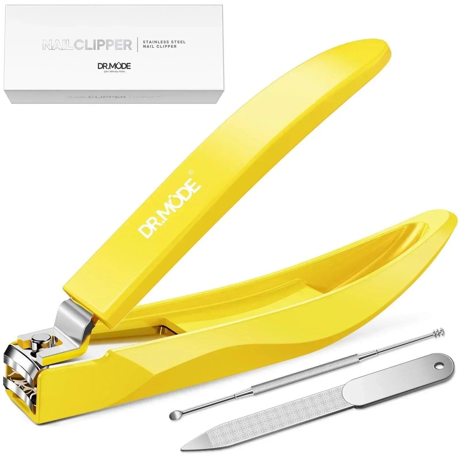 Yellow stainless steel nail clipper set with file and cuticle pusher, gift box included