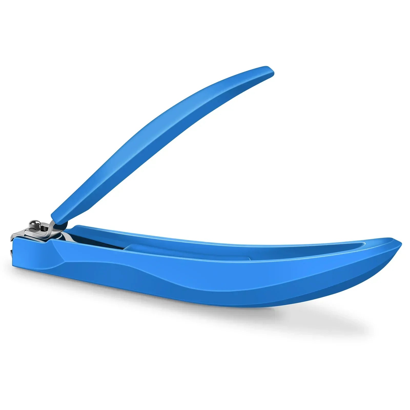 Blue nail clipper with ergonomic handle on white background