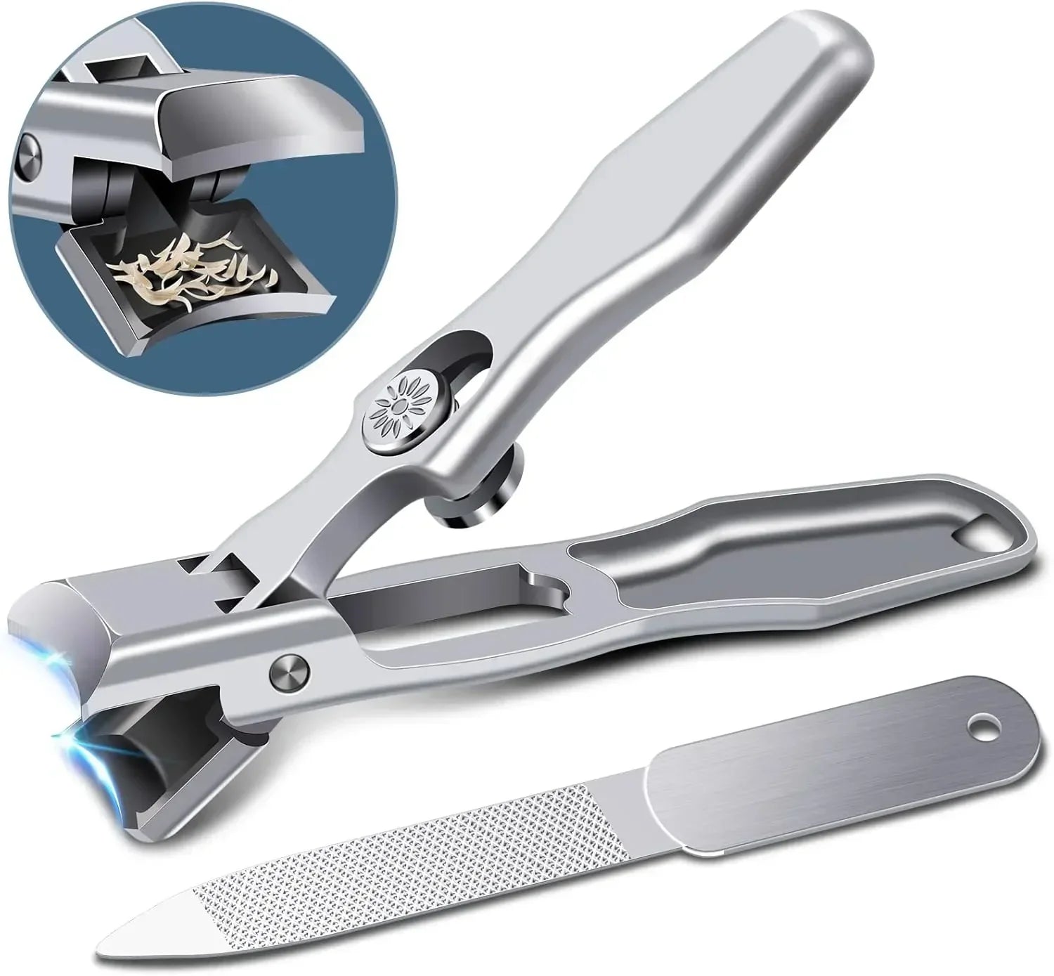 Stainless steel nail clippers with built-in nail catcher, LED light, and metal nail file.