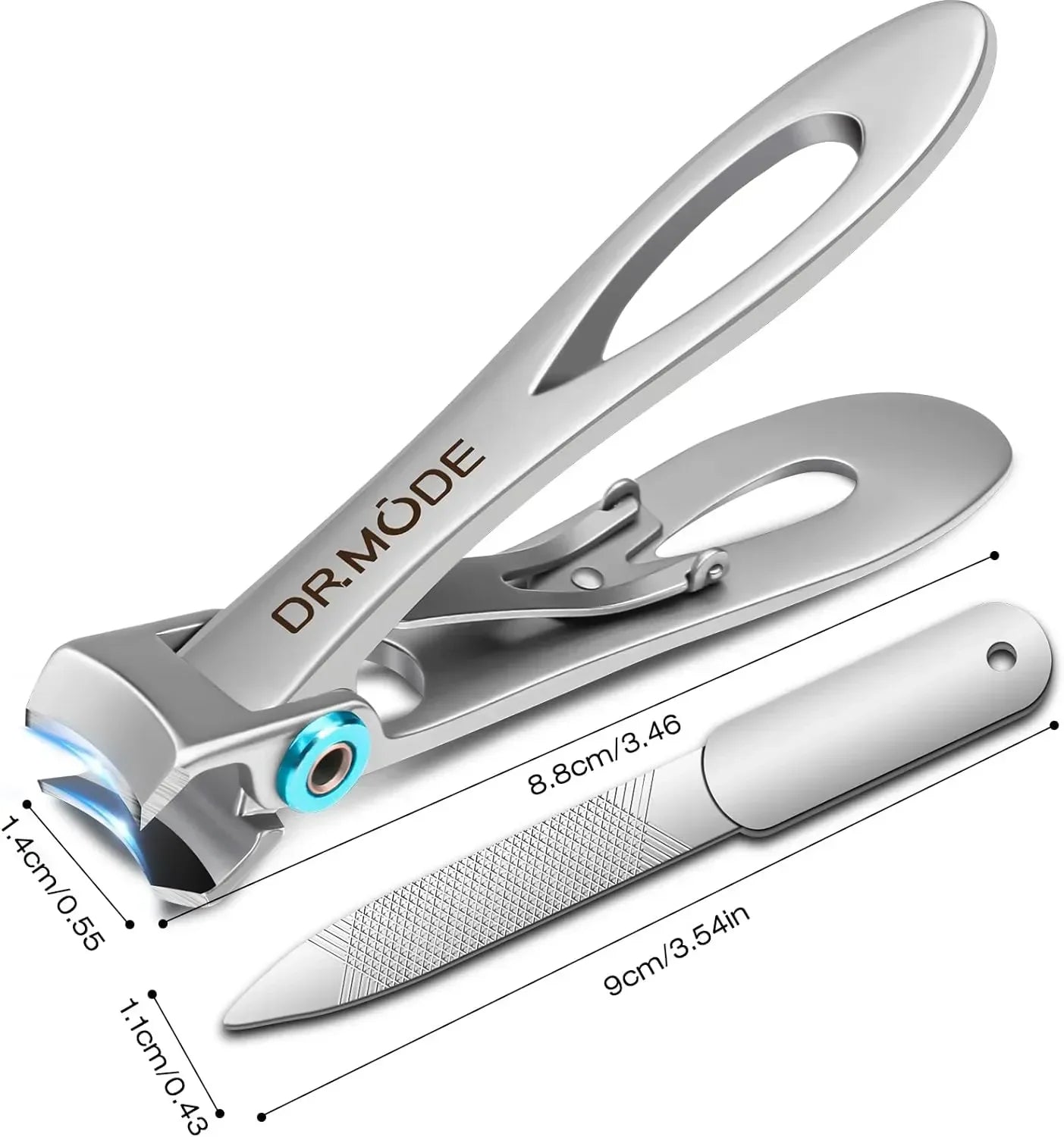 Stainless steel nail clippers and nail file with precise size measurements shown