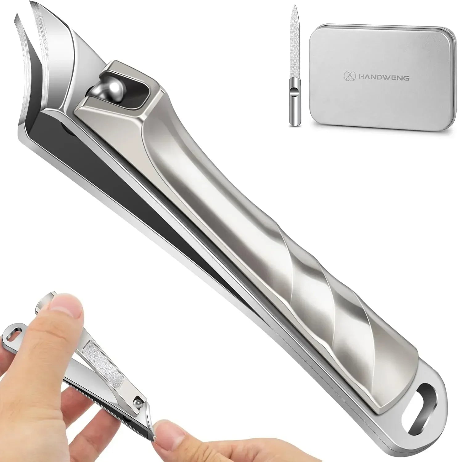 Stainless steel nail clippers set with curved blades, nail file, and storage case, closeup view.