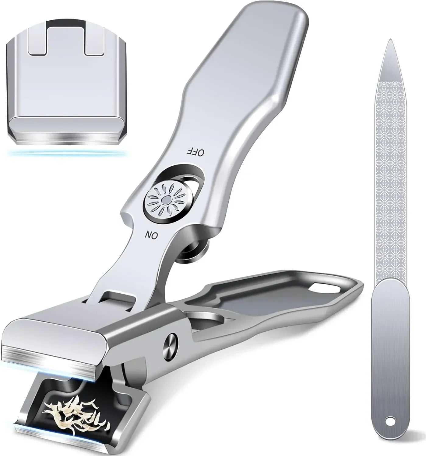 Stainless steel nail clipper set with catcher, nail file, and replaceable blade on white background.