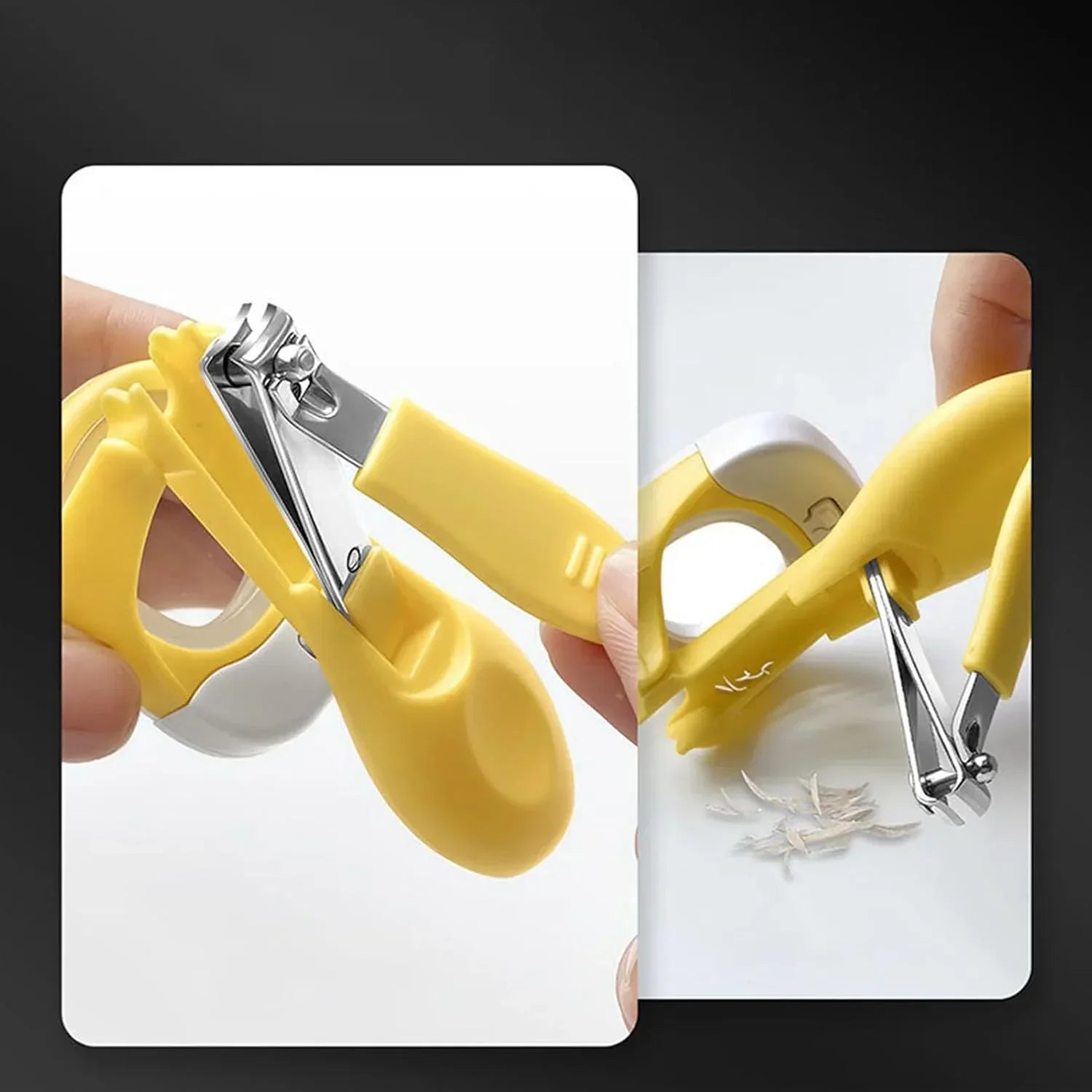 Yellow ergonomic nail clippers with attached catcher shown in use and trimmed nail pieces