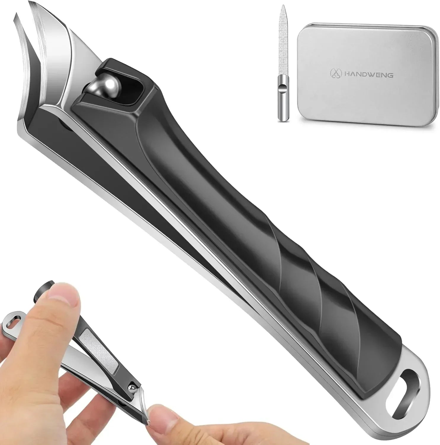 Stainless steel nail clipper with ergonomic grip, nail file, and storage case for grooming.