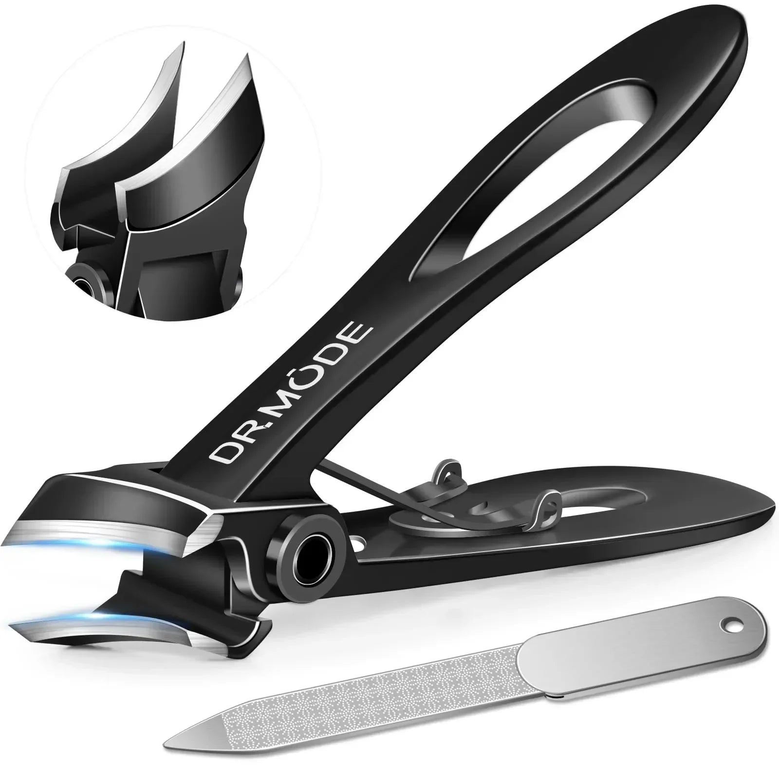 Black stainless steel nail clipper with curved blades and metal nail file on white background
