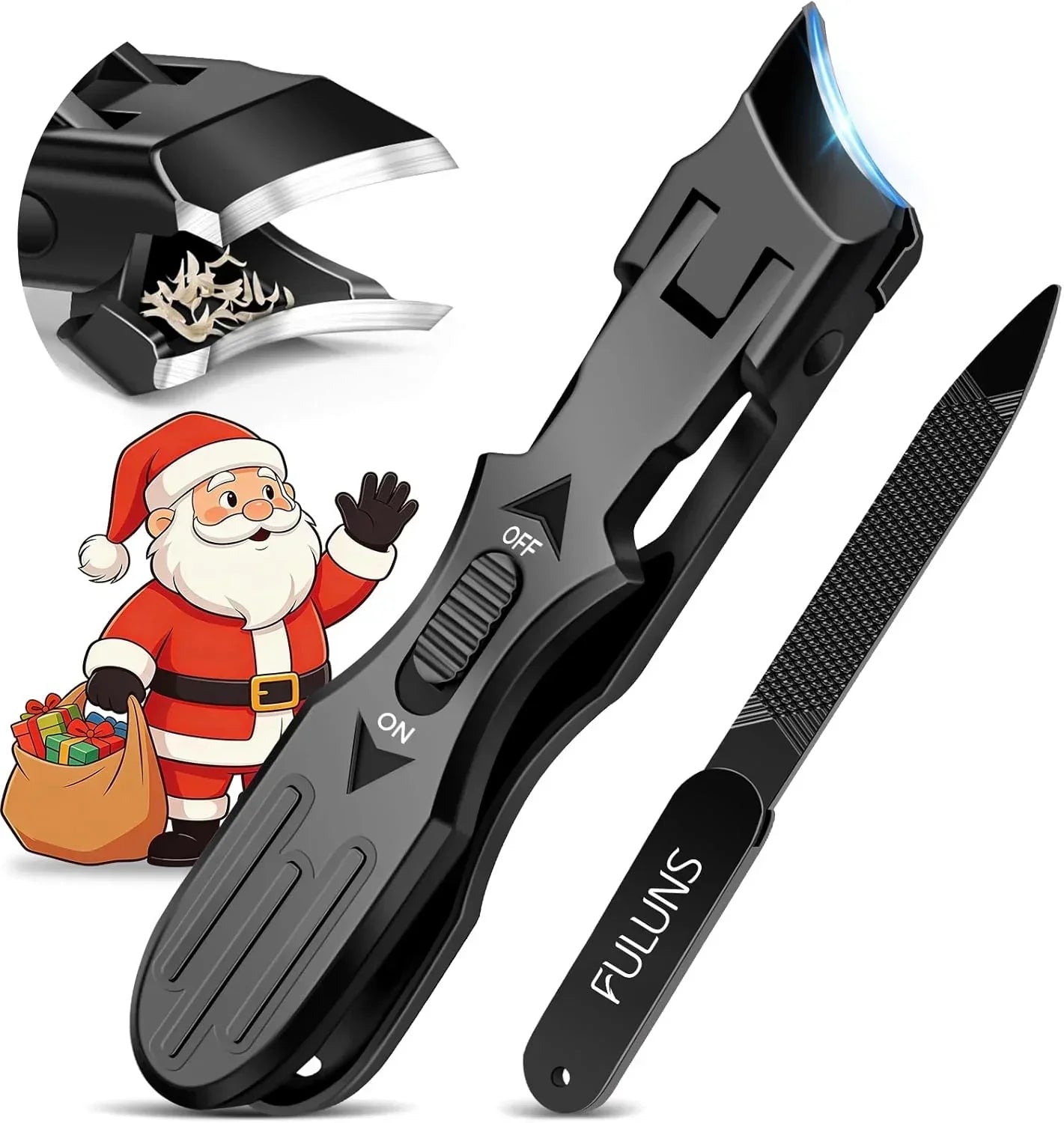 Black LED nail clippers with file, close-up blade detail, and cartoon Santa holding gifts.