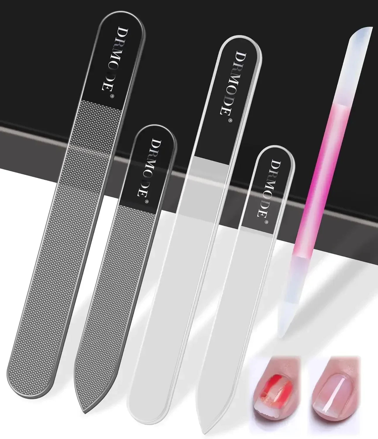 Set of glass and metal nail files with smooth and polished fingernail results shown