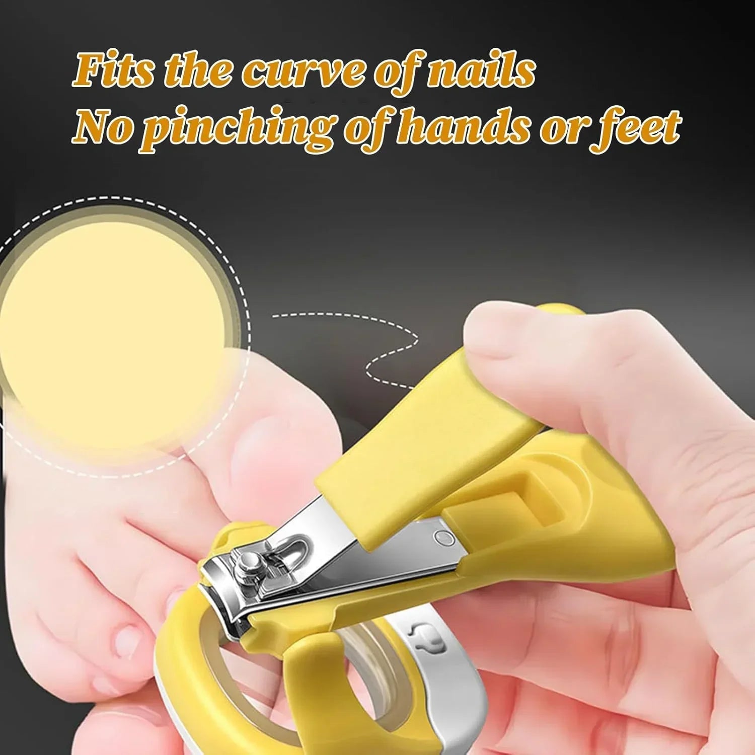 Yellow nail clipper trimming fingernails, ergonomic handle, safe grooming tool