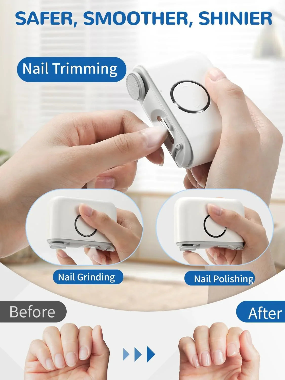 Electric nail grooming tool for trimming, grinding, and polishing fingernails, with before and after results.
